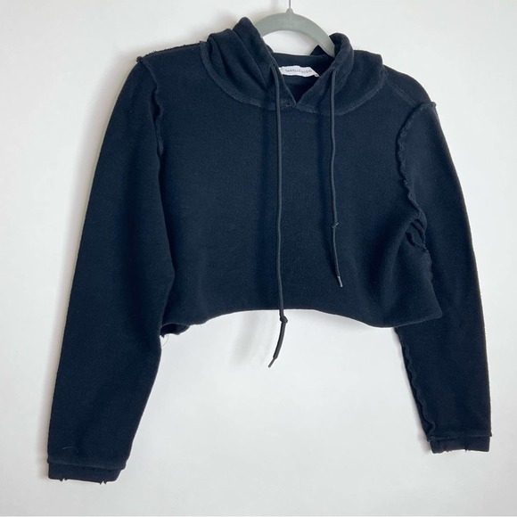 Danielle Guizio Exposed Seam Cropped Hoodie Sweatshirt Black - Picture 3 of 8